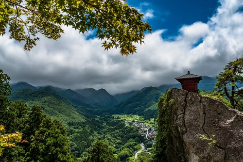 облака, горы, природа, святилище, япония, серые, синие, зеленые