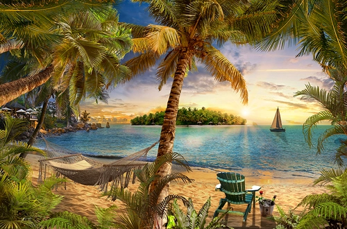 берег, пляж, лодки, лодка, гамак, кресло, шампанское, яхта, песок, горы, море, река, пальмы, пальма, деревья, растительность, бежевые, зеленые