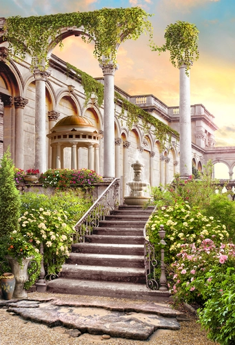 колонны, лестница, античность, цветы, зеленые, бежевые, HD